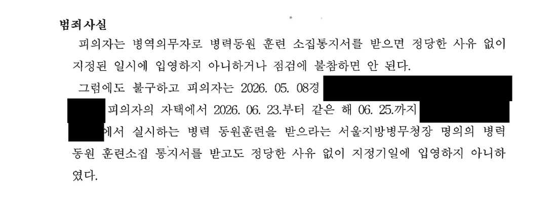 예비군 병역법위반 범죄사실의 요지 문서
